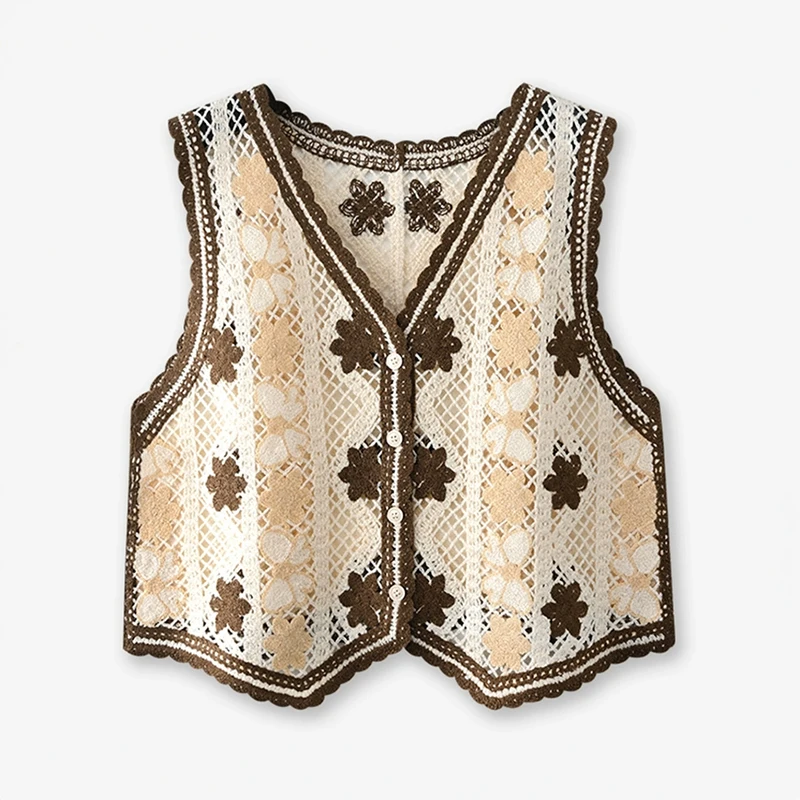 

Вязаный крючком жилет для женщин, милый ажурный кардиган на пуговицах с цветочным принтом, куртка без рукавов, женский летний наряд в стиле бохо для отпуска