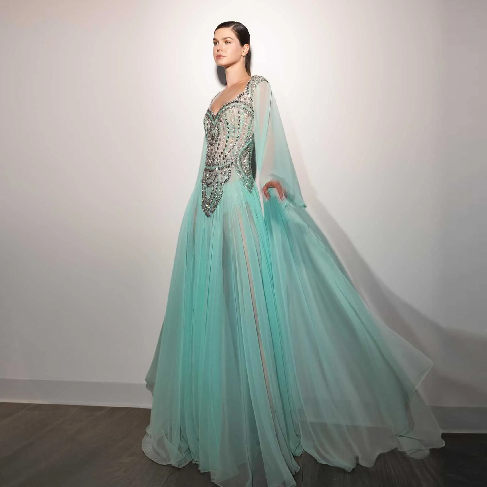 Vestido de noite de chiffon com miçangas azuis de fada, vestidos formais de festa, فسات intellimaveraDubai árabe, vestido maxi de baile com forro, sem transparente personalizado