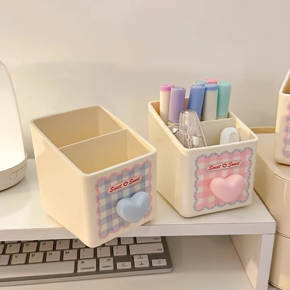 1 Stück Niedlicher Schreibtisch-Organizer mit Stifthalter - Pastellbeige, Herz- & Blumendesign, Kompakte Schreibtisch-Aufbewahrungsbox für Zuhause und Büro