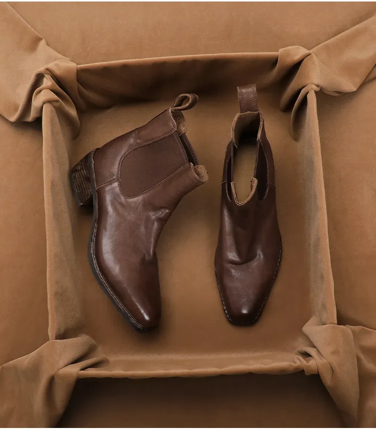SHOEBOX ‌Vintage Genuine Leather Chunky-Heel British-Style Chelsea Boots for Women Winter Plush-Lined Soft Leather High Heel