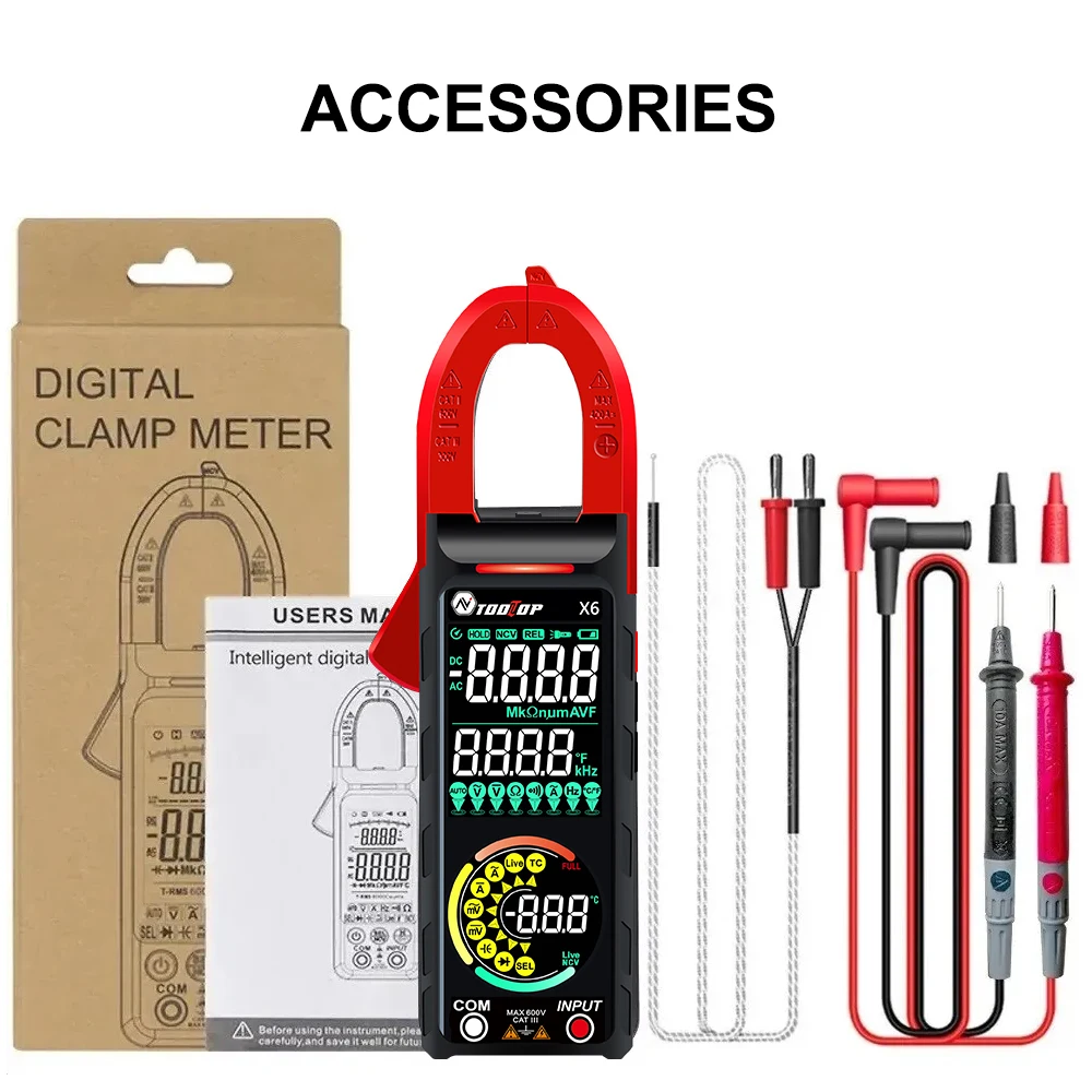 TOOLTOP X6 Portable Handheld Digital Clamp Meter AC DC 600V 6000 Counts True Rms Multimeter For Circuit Electrician Repair Tool