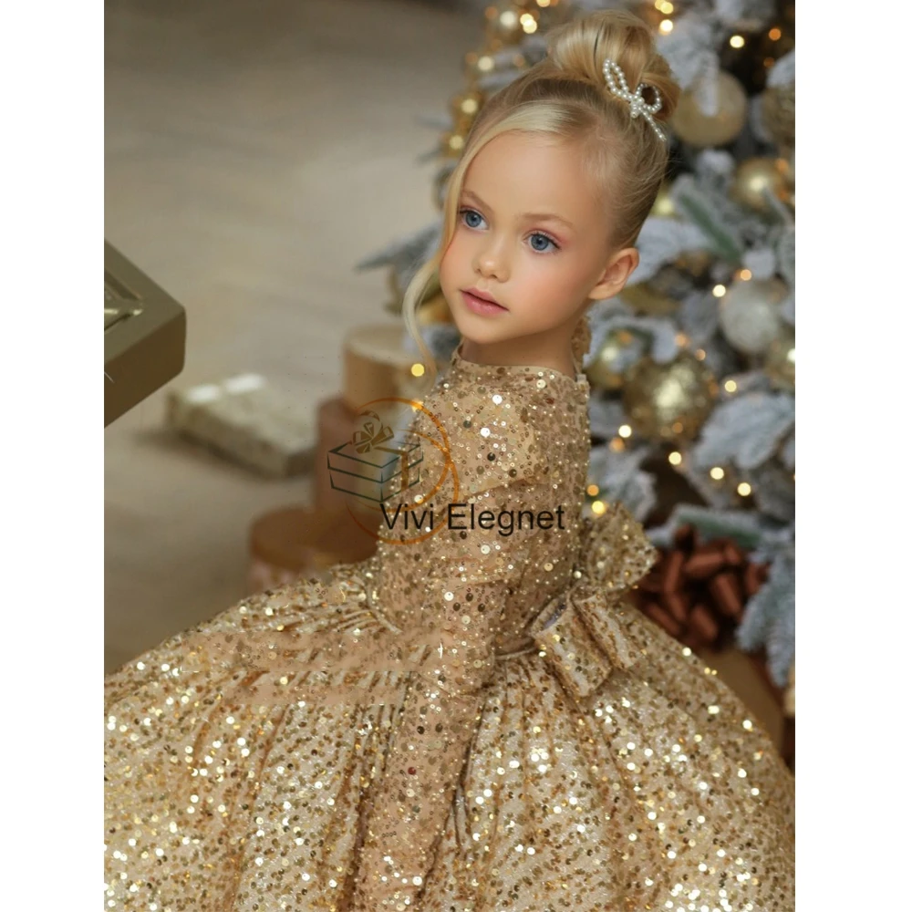 Gold Scoop Sequined Tutu Flower Girl Dresses Knee Length Christmas Gown for Princess Full Sleeve فساتين اطفال للعيد2023 Winter