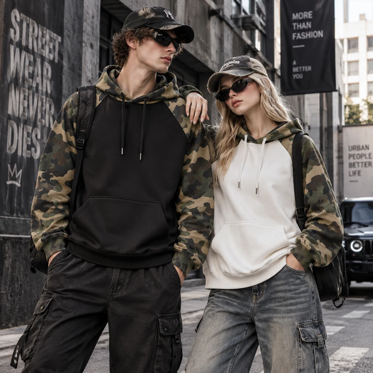 2026 Y2K Couple Hoodie Camo Raglan Sleeve Contrast Color Pullover Hoodie  Autumn‑Winter Casual Street Sweatshirt for Men Women
