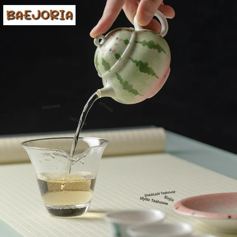 BAEJORIA Creative Cat And Watermelon Tea Set Complete Set Boutique Tea Ceremony Set Teapot And Tea Cup Set Drinkware Decoration