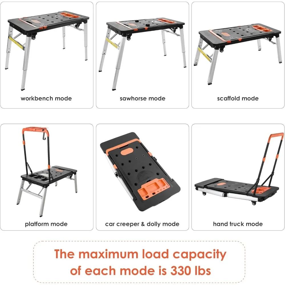 Folding Work Table, 7 in 1 Work Benches for Garage, as Portable Workbench, Sawhorse, Scaffold, Platform