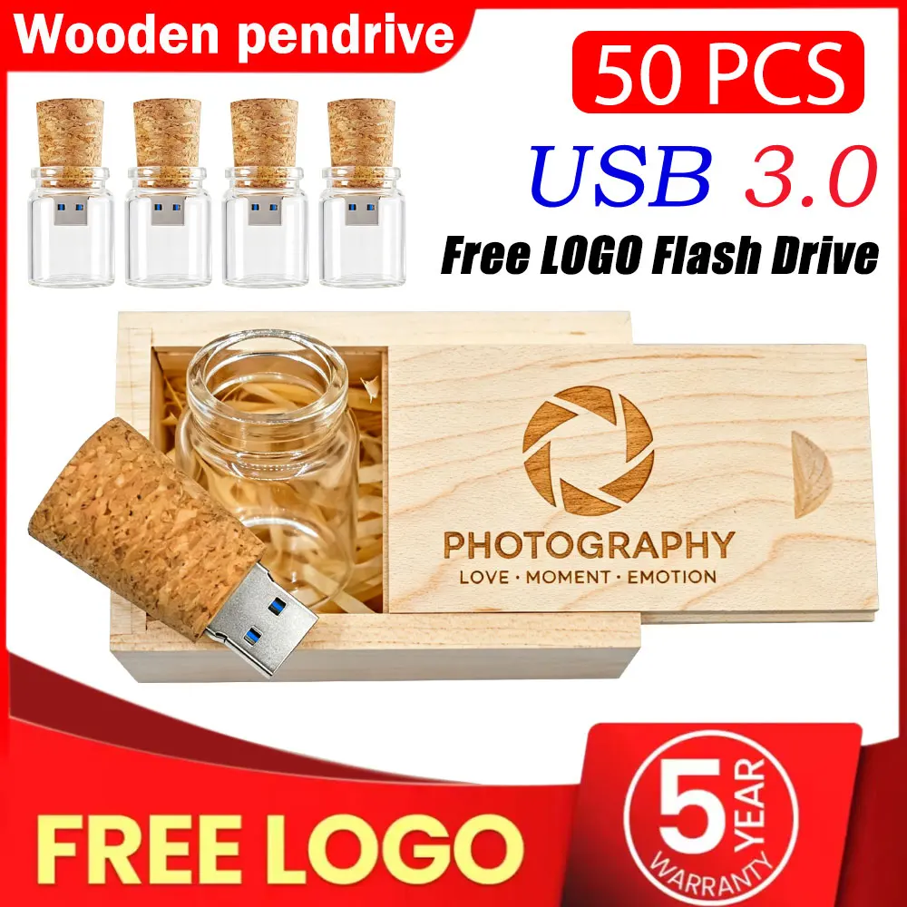 50PCS Free LOGO Wooden + Box USB 3.0 Pen Drive 128GB Wishing Bottle Memory Stick 64GB Wedding Gift Photography Flash Drive 32GB