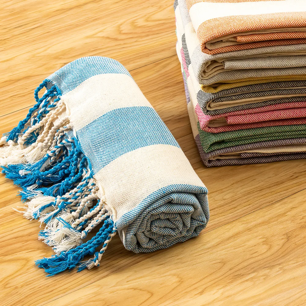 Simple Striped Woven Beach Towel Multi-Functional Towel Tassels Natural Turkish Beach Towel Holiday Supplies 100X180Cm