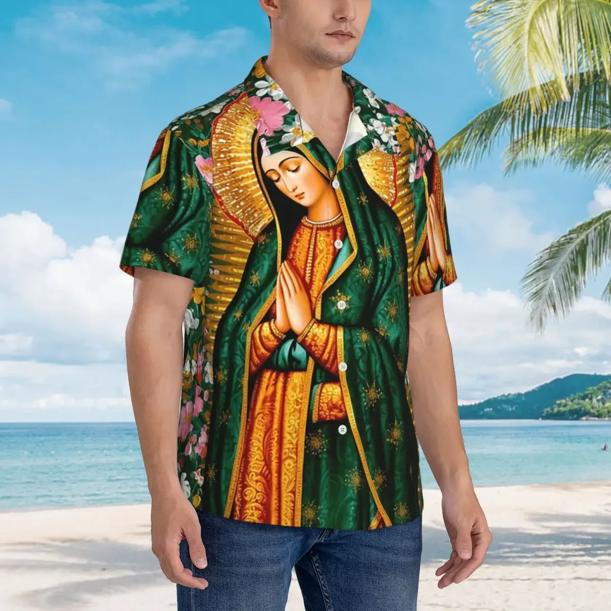 Our Lady Of Guadalupe Virgin Mary Mexican Hawaiian Shirts Fashion Men Short Sleeve Shirt for Summer Beach Men's Button Tops