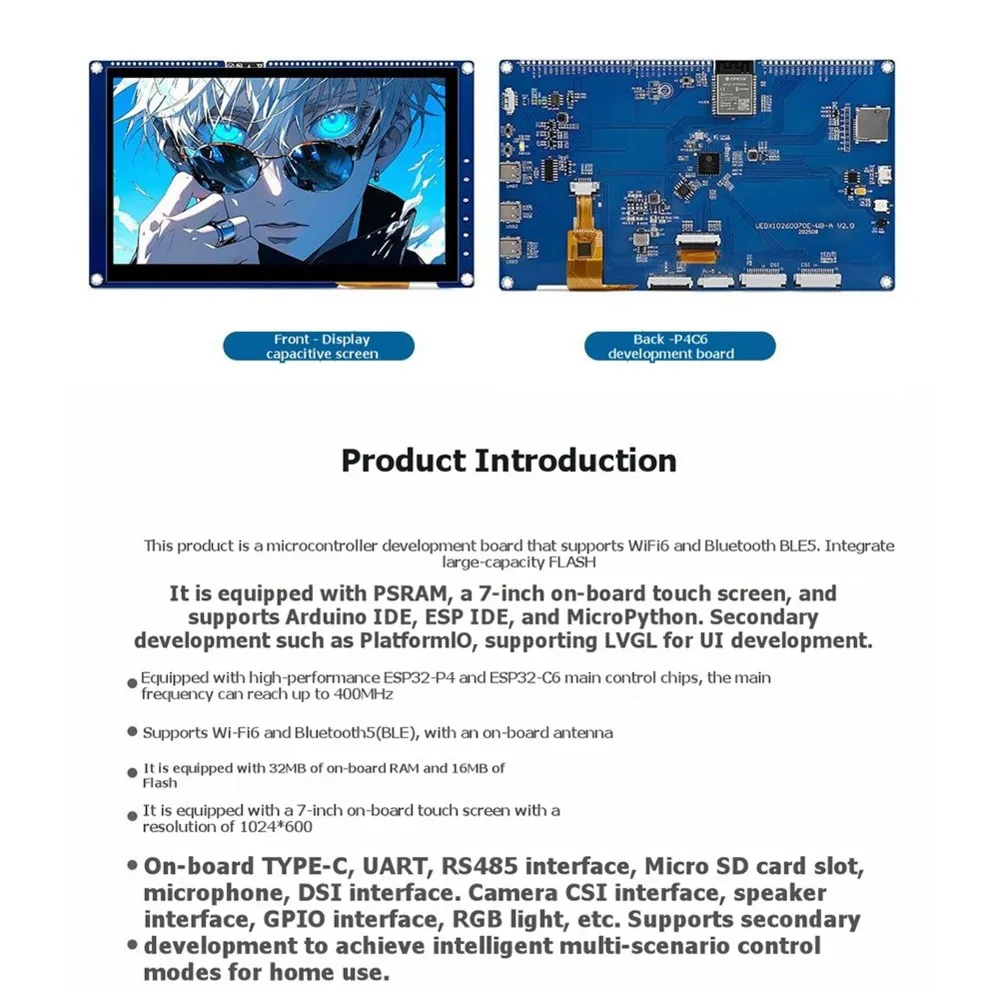 -P4 Development Board 1024x600 7 Inch LCD Capacitive Touch Screen -C6 16MB NOR Flash 32MB PSRAM