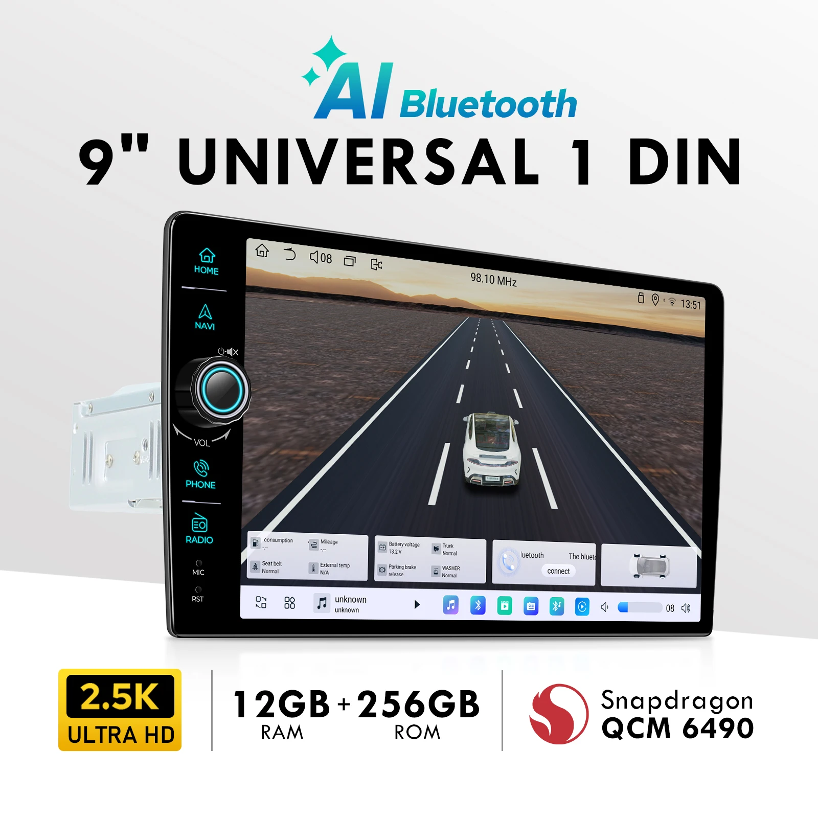 JOYING 9 Inch 2.5K QHD Android Car Stereo 2560×1600 Touchscreen Unveirsal Head Unit 12GB 256GB GPS Radio Upgrade With Knob