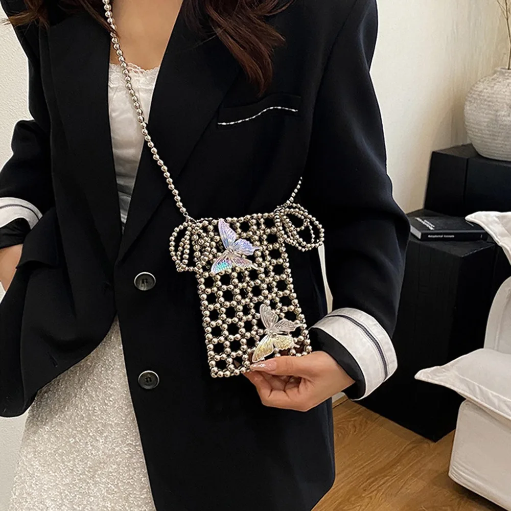 

Fashion Shiny Mini Square Bag Acrylic Woven Beaded Shoulder Bag Korean Style Handmade Crossbody Phone Pouch Summer