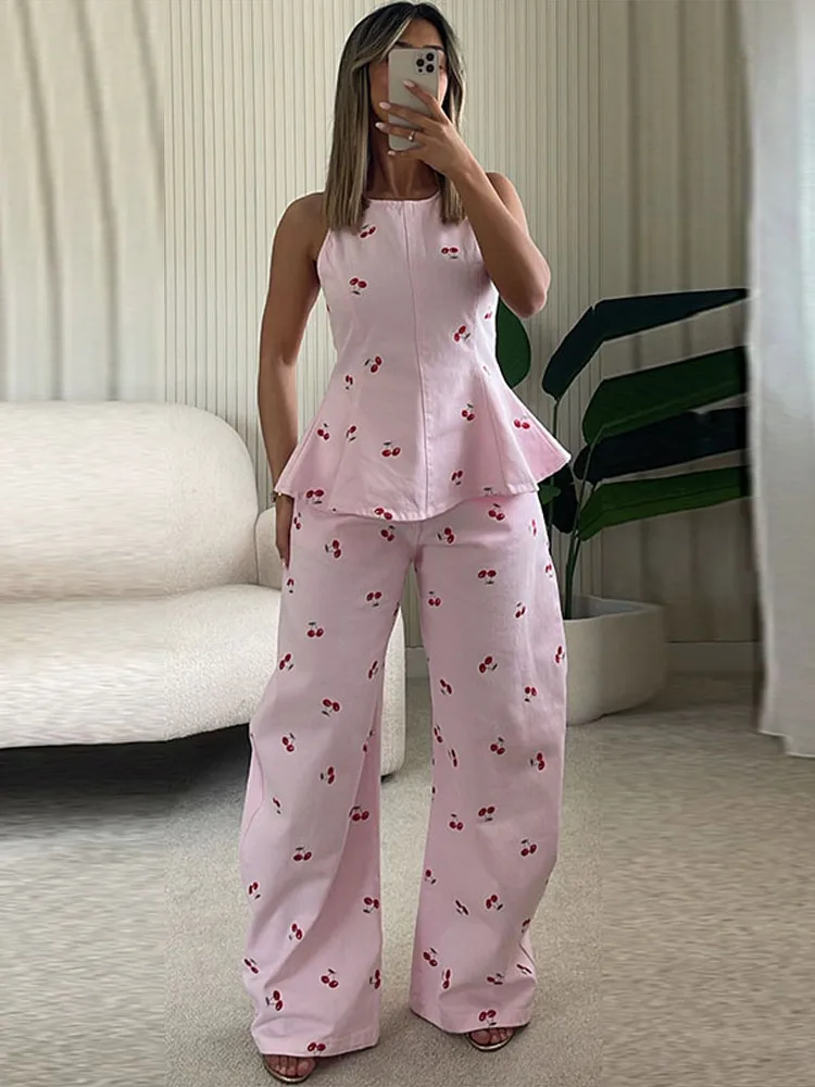 

Casual Printed Two Pieces Pant Set Women O-neck Sleeveless Ruffles Waist-cinching Blouse Wide Leg Pants 2026 Summer Holiday Suit