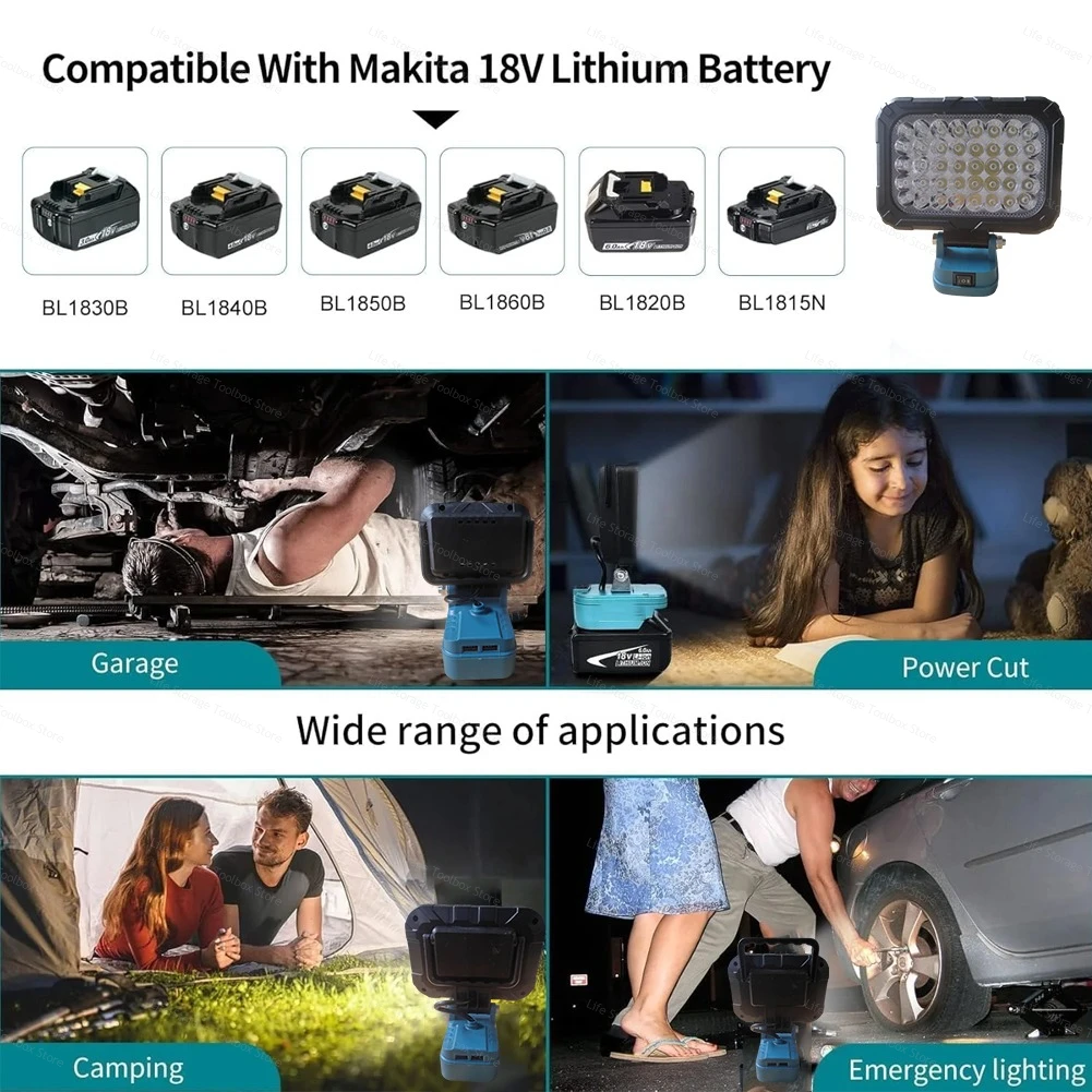 For Makita 18V 21V Li-ion Battery Wrok Light Portable Light Lantern With USB LED Flashlight for Emergency Lighting Tool Parts