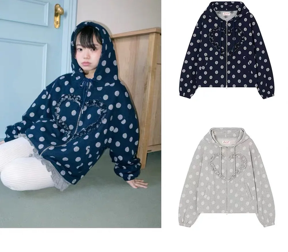 South korea Funfromfun Hooded T-shirt Straight Well Lian Same Heart-Shaped Frill Polka Dot Hoodie