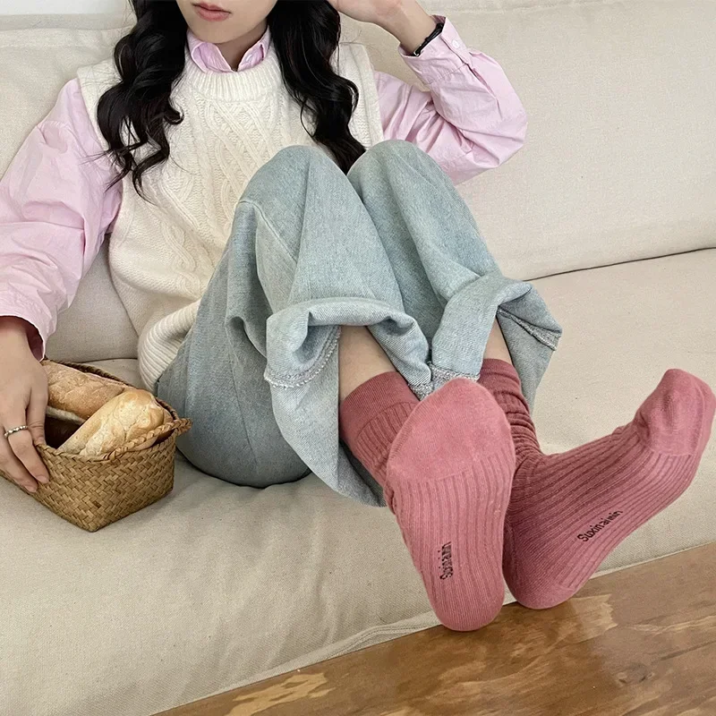 Loose Long Socks Solid Colors Women Socks Japanese Women Cotton Knitting Harajuku Vintage Socks Fashion School Girls Black Beige