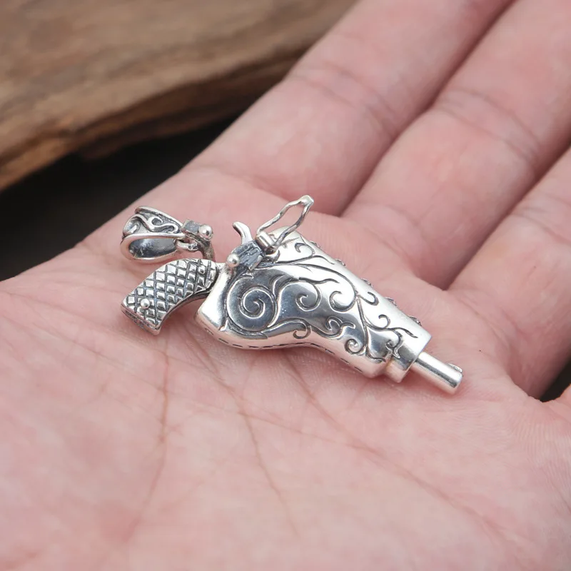 

S925 Sterling Silver Revolver Holster Pendant Charm - Antique Vintage Cowboy Necklace for Men and Women