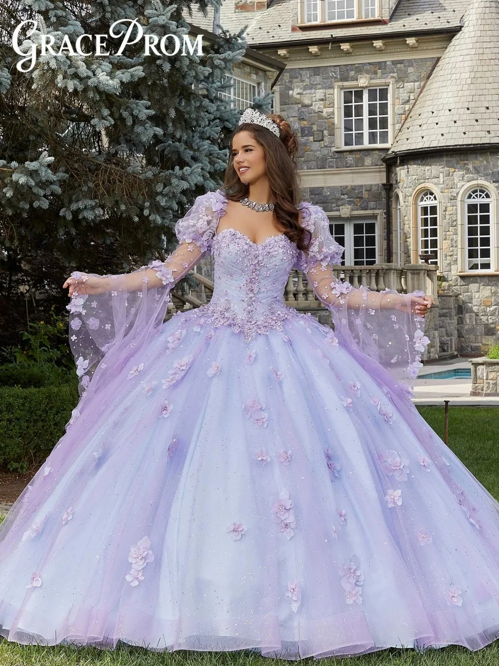 GraceProm Lavender Quinceanera Dress 3D Flower Tulle Ball Gown Sparkly Off Shoulder Formal Sweet 16 Prom Gown