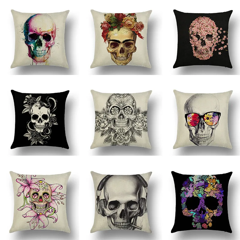 

Skull Head Flowers Print Cushion Cover Throw Pillow Covers Super Soft Linen Cotton Pillowcase Home Decor Sofa Decorative Pillow