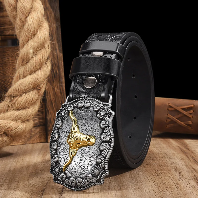Herren- und Damenbekleidung – PU-Ledergürtel im Western-Cowboy-Stil – Vintage-Gürtel mit bedruckter Schnalle für Jeans – Detail 5