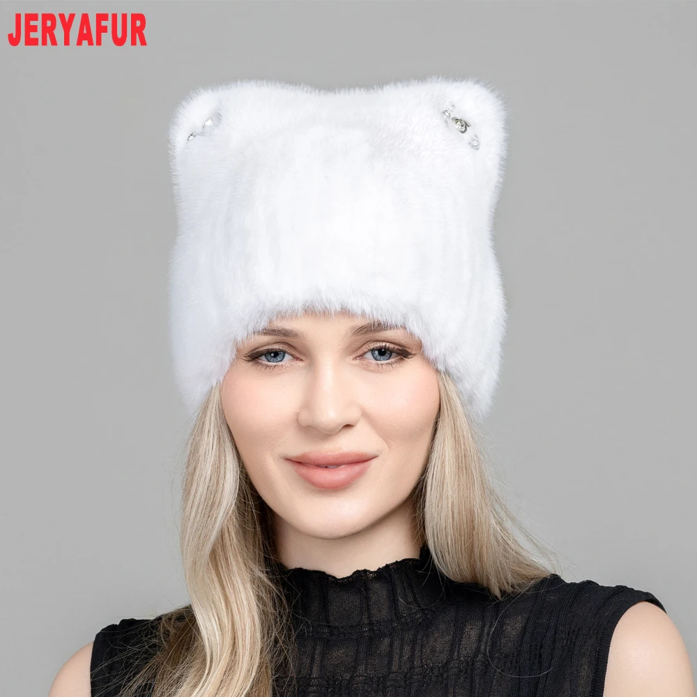 Women White Faux Fur Beanie Hat, Cute Cat Ears with Rhinestone Decor, Warm Fluffy Winter Cap, 55‑60cm Head Circumference