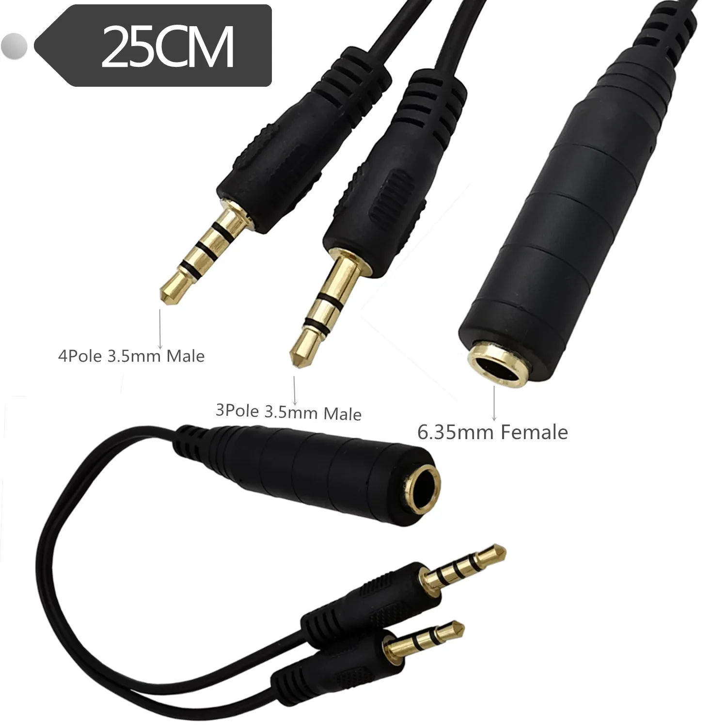 6.35mm Female to 3.5mm  3Pole male and 3.5 4Pole male Spiltter Stereo Cord cable  0.25m