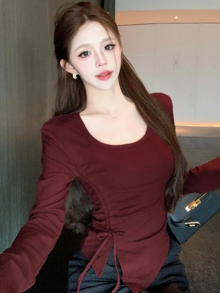 

Slimming Long Sleeve U-Neck Drawstring T-Shirt Women's Autumn Winter Irregular Shoulder Pad Design Base Shirt Top