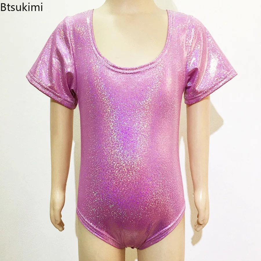 Girls Boys Sequined Short Sleeved Dance Gymnastics Costume Children Shiny Metallic Gymnastics Training Bodysuits Kids Activewear