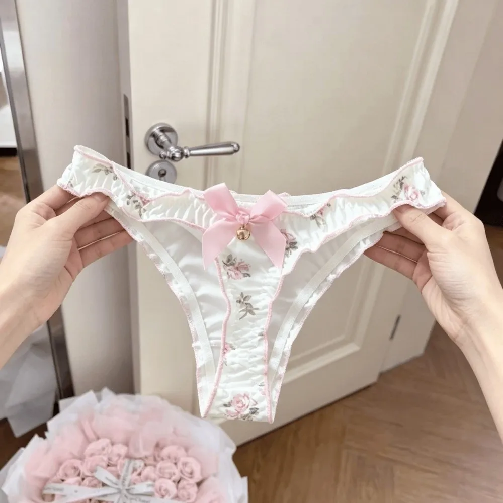 Underpants Sweet Bow Women Panties Ruffle Low Waist Girls Briefs Flower Ice Silk Printed Underwear Woman