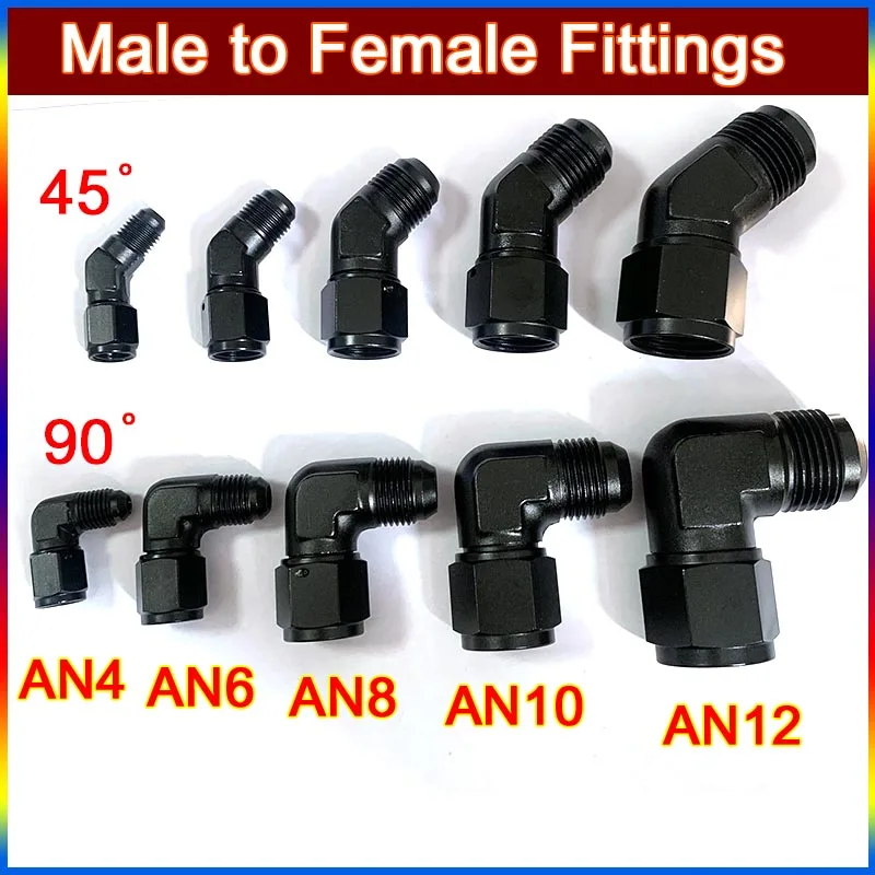 Oil Fuel Fittings End Fittings Female to Male Gas Push Lock  AN4 AN6 AN8 AN10 AN12 Swivel Adaptors To Male Black 45 90 Degree