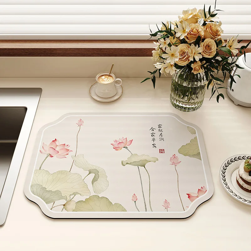 VIKAMA ink lotus chinese zen waterproof kitchen mat harmony peace minimalist oriental stove top countertop non slip pad Home