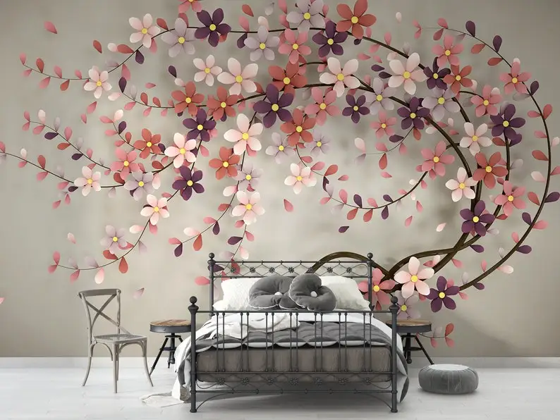 3D Look Effect Floral Living Room Wallpaper, Blossom Tree Removable Bedroom Wall Mural, Floral Wallpaper, 3D Flowers Mural, Peel