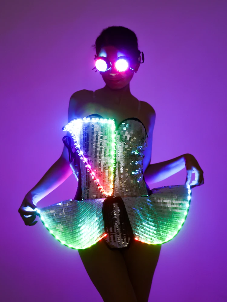 New LED Luminous Costume GOGO Dancer Performance Dress Woman Rave Fashion Outfits Nightclub Tron Dance Party Light Up Stage Wear