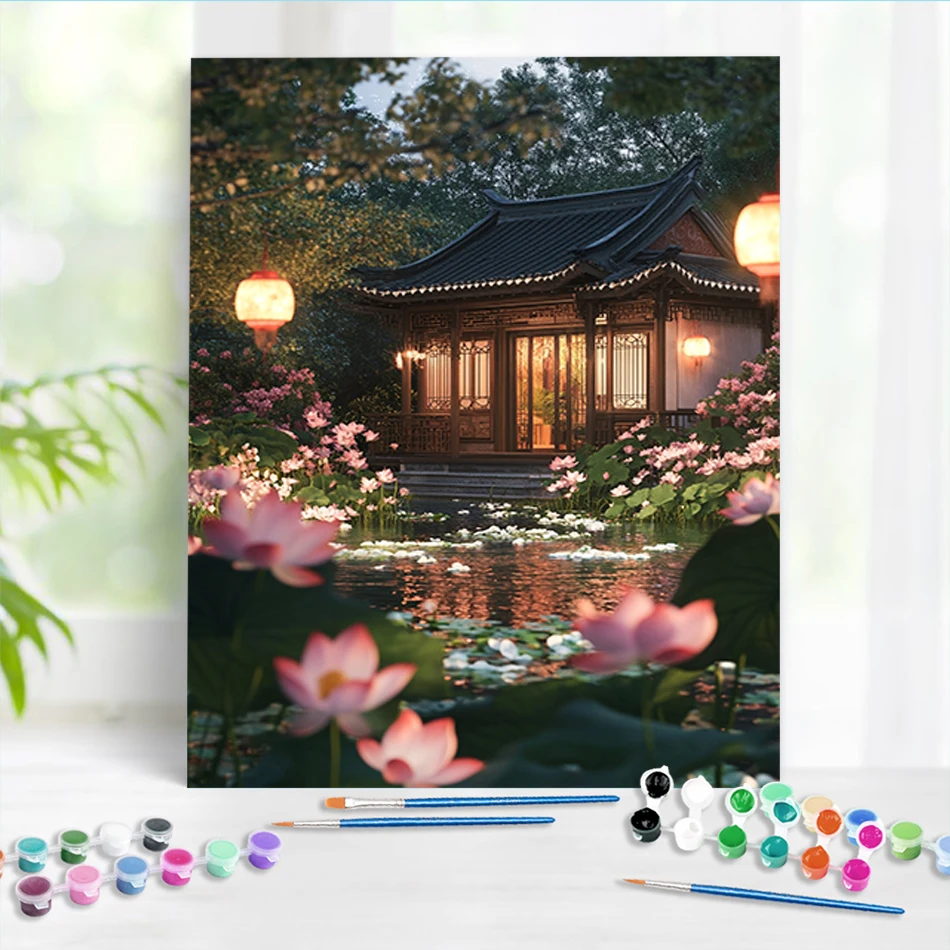 

RUOPOTY DIY Paint By Numbers Kit Lotus House Painting House Oil Picture Drawing Coloring Handmade Gift Painting House Oil Pain