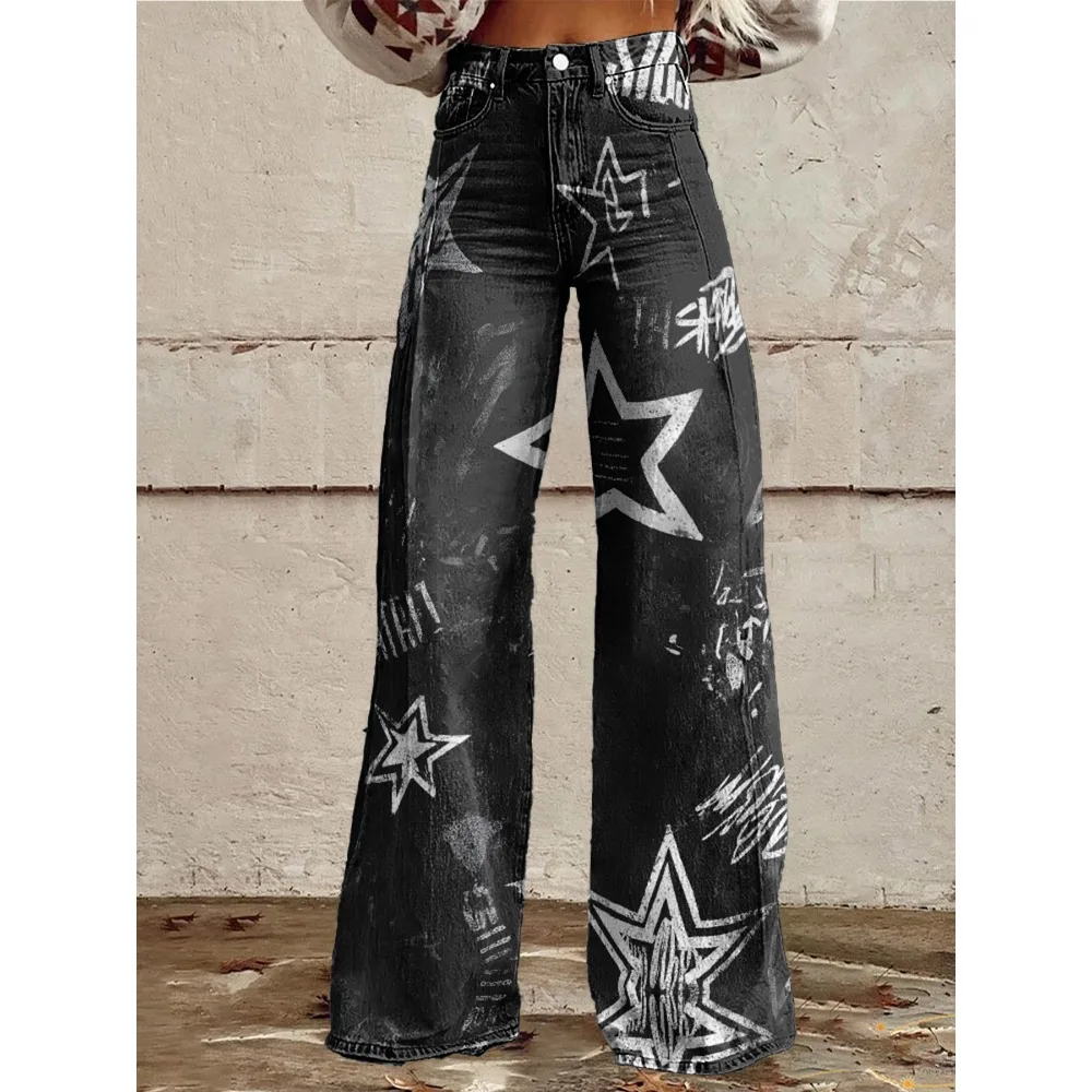 

Широкие брюки с забавным графическим принтом. Женские эластичные брюки с высокой талией и городским художественным граффити для смелого образа. Уличная одежда в стиле хип-хоп.