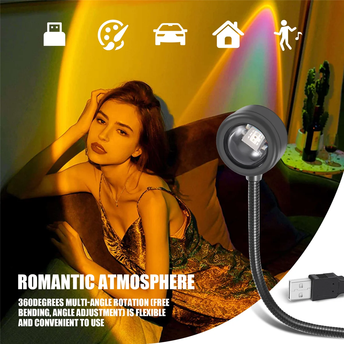 LED USB Sunset Lamp Night Light Projector Birthday Party Decoration Portable Mood Light for Bedroom Living ,Sunset