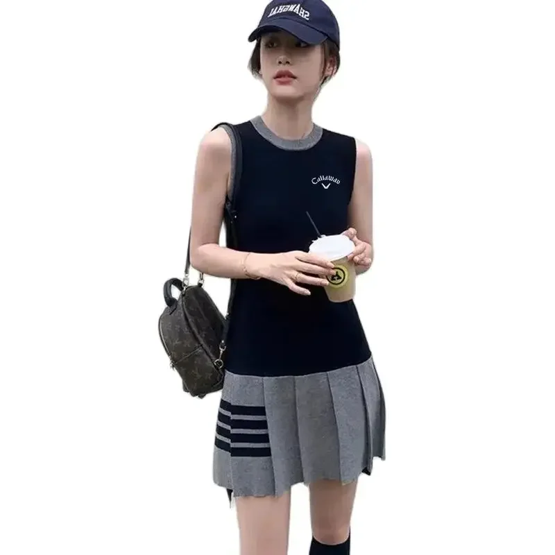 

Women Golf Wear 2024 Summer New Korean Golf Skirt Fashion Color Blocking Luxury Dress Golf Clothing Women Pleats Dress