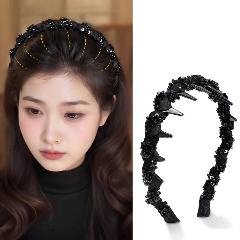 

Retro Diamond Headband Black Beaded Wrapped Headband New Fluffy Headband Light Luxury Girls Accessories