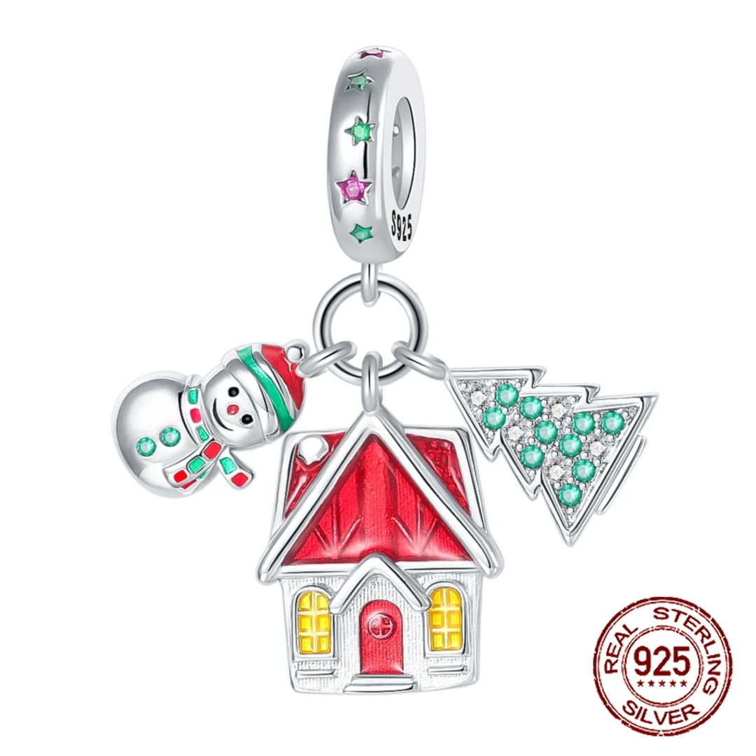 

925 Sterling Silver Christmas Snowman Tree Gingerbread House Pendant Charm Fit Original Charm Bracelets Women DIY Jewelry Gift