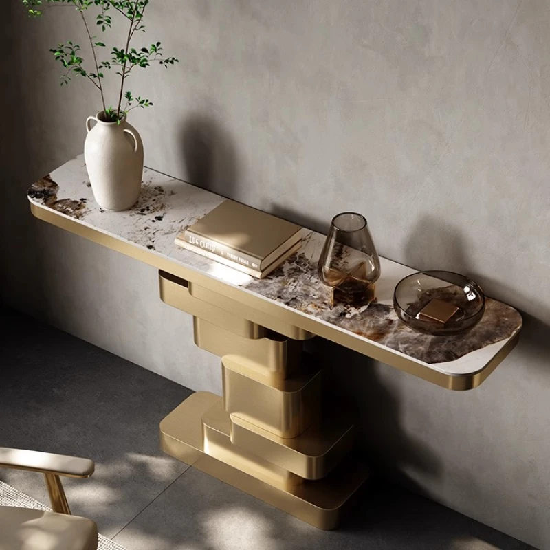 

Light luxury rock slab entrance stainless steel designer creative model room end view table marble villa entrance entrance table