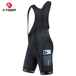 X-TIGER Men's Cycling Bike Bib Short with Phone Pockets 5D Padded Shockproof Breathable Quick-Dry Biking Bicycle Bib Tights