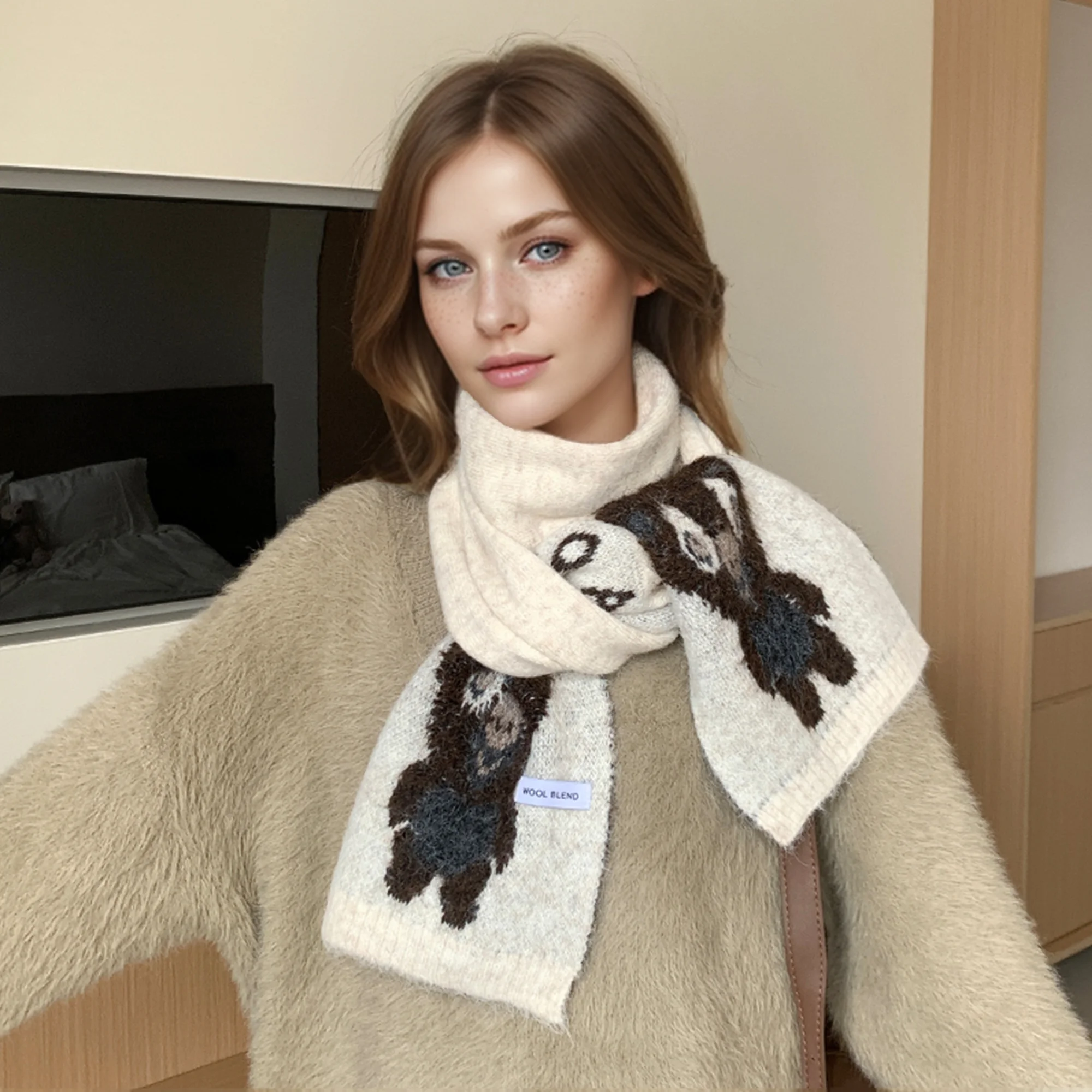 New Knitted Wool Scarf Autumn/Winter Outdoor Women's Cartoon Koala Fashion Multi functional Travel Thickened Warm Neck