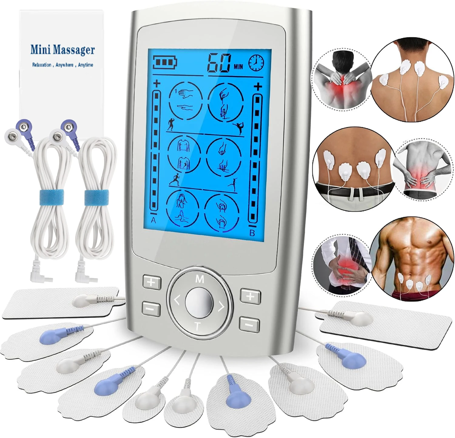 

TENS Unit 24 Modes EMS Muscle Stimulator for Pain Relief Rechargeable TENS Machine Massage Physical therapy 10 electrode Pads