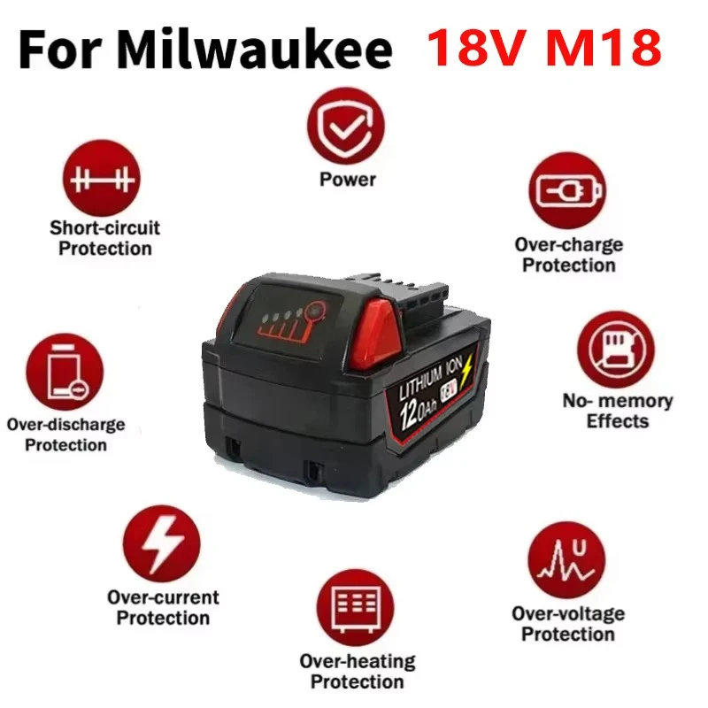 12000mAh For Milwaukee M18 18V Replacement For Milwaukee M18B5 XC Li-ion battery 48-11-1815 2604-20 48-11-1850 charger - view 5