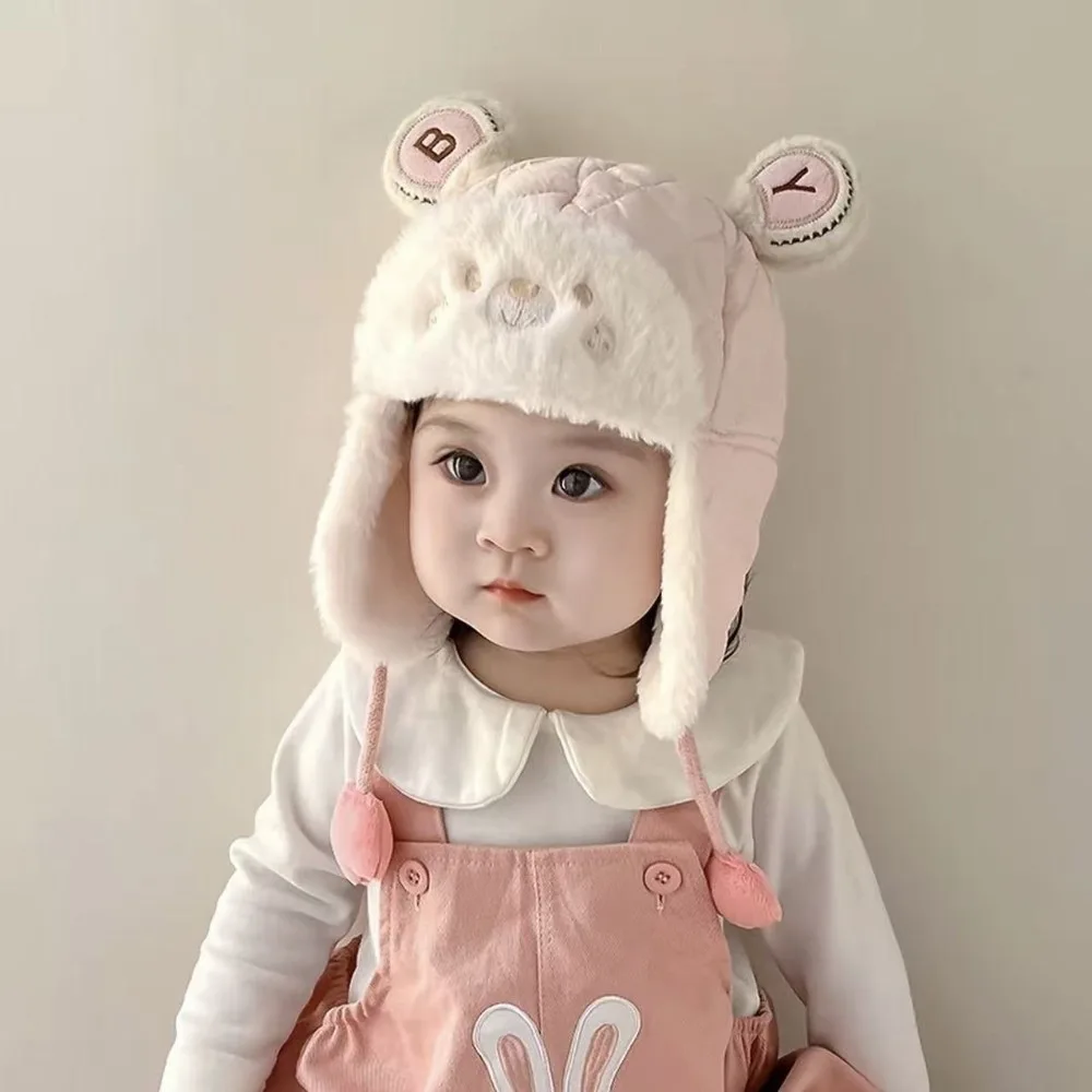 

Cute Windproof Cartoon Bear Baby Hat Plush Adjustable Earmuffs Toddler Cap Thicken Ear Protection Trendy Baby Beanie Cap Winter
