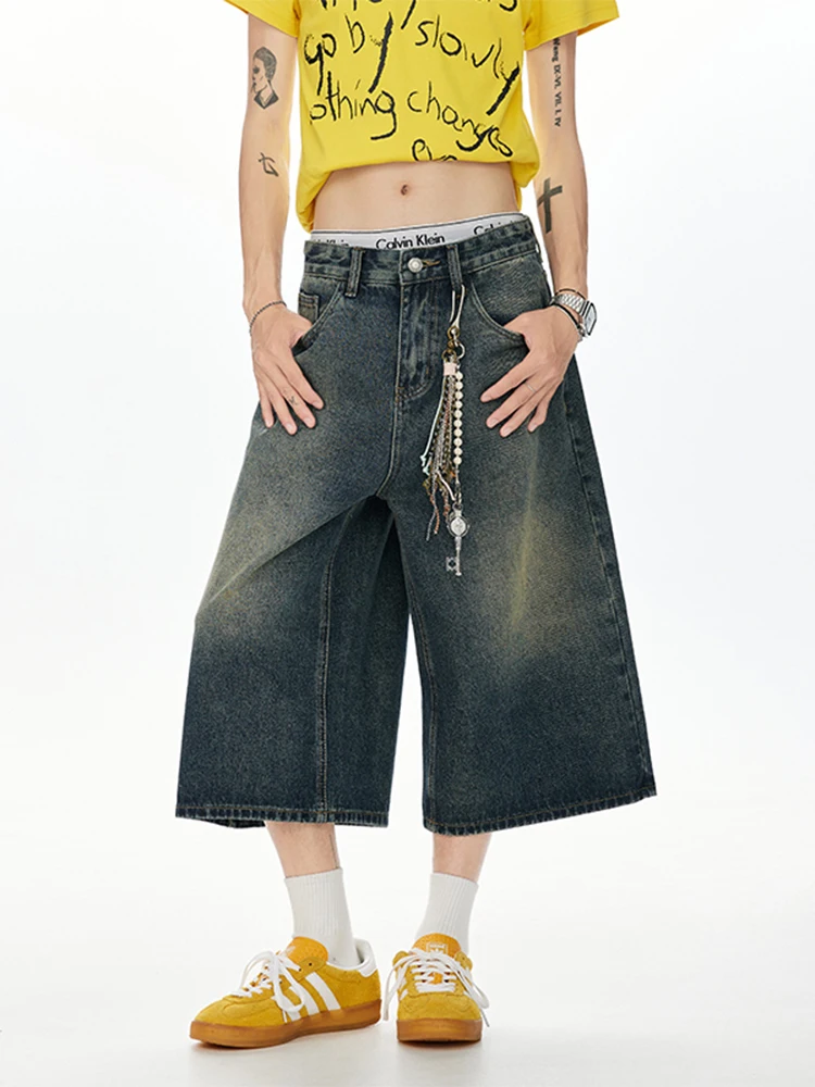 Calças Jeans Retrô Azuis de Sete Oitavos Unissex, Finas para o Verão, Estilo Americano High Street, Lavadas, Perna Larga, Cal...