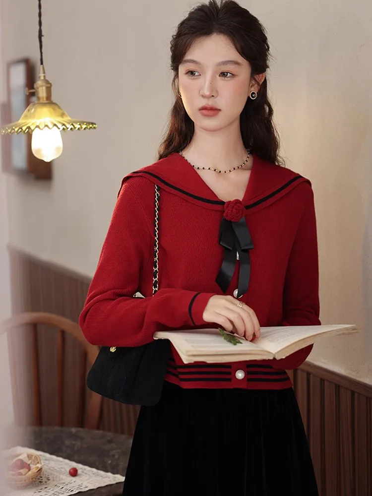 

ALXNAN Women's Sweater Red Navy Collar 3D Floral Chic Button-down Pullover 2025 Autumn Winter Long Sleeve Knitted Tops VLXN31332
