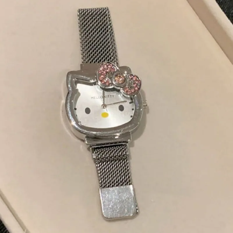 Kawaii Hello Kitty Bow Diamond Watch Sanrio Anime Fashionable Quartz Watches Cute Cartoon Magnet Watches Girls Birthday Gifts