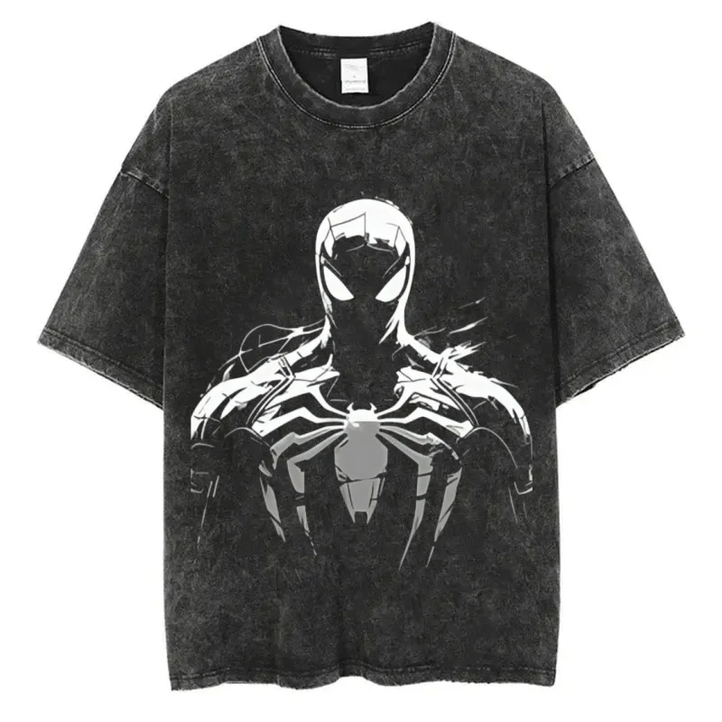 Camiseta casual da moda Marvel Spider Man, camiseta retrô lavada, camiseta solta casual de rua Hip Hop