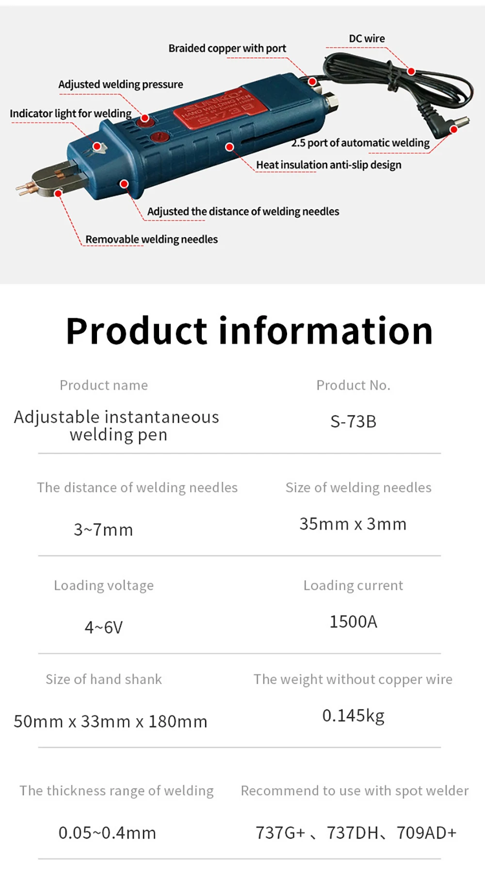 SUNKKO 73B Spot Welding Pen 25mm² Spot Welder Pen for Welding Batteries Integrated Spot Welding Pen Spot Welding Pen Connector