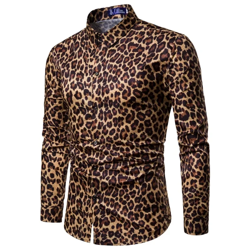 Camisa de manga comprida com estampa de leopardo masculina com lapela, casacos de peito único, top casual respirável amarelo e branco